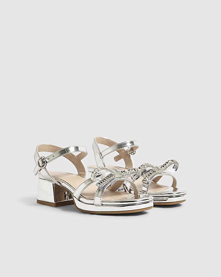 Girls Silver Diamante Heel Sandals