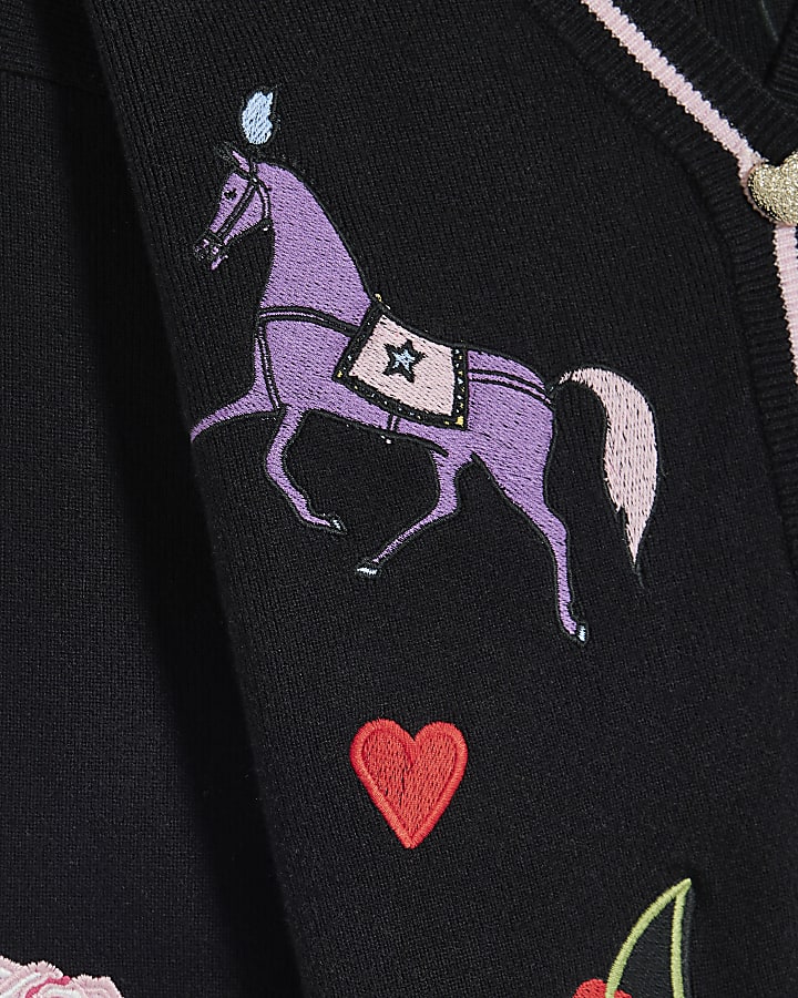 Girls Black Embroidered Icon Cardigan