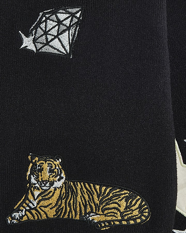 Girls Black Embroidered Icon Cardigan