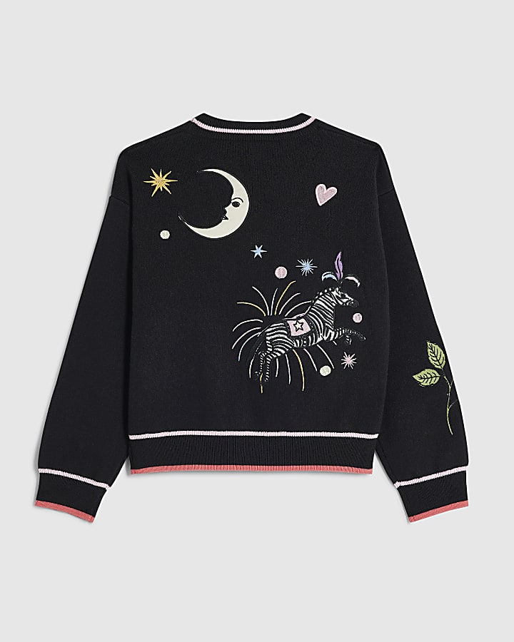 Girls Black Embroidered Icon Cardigan