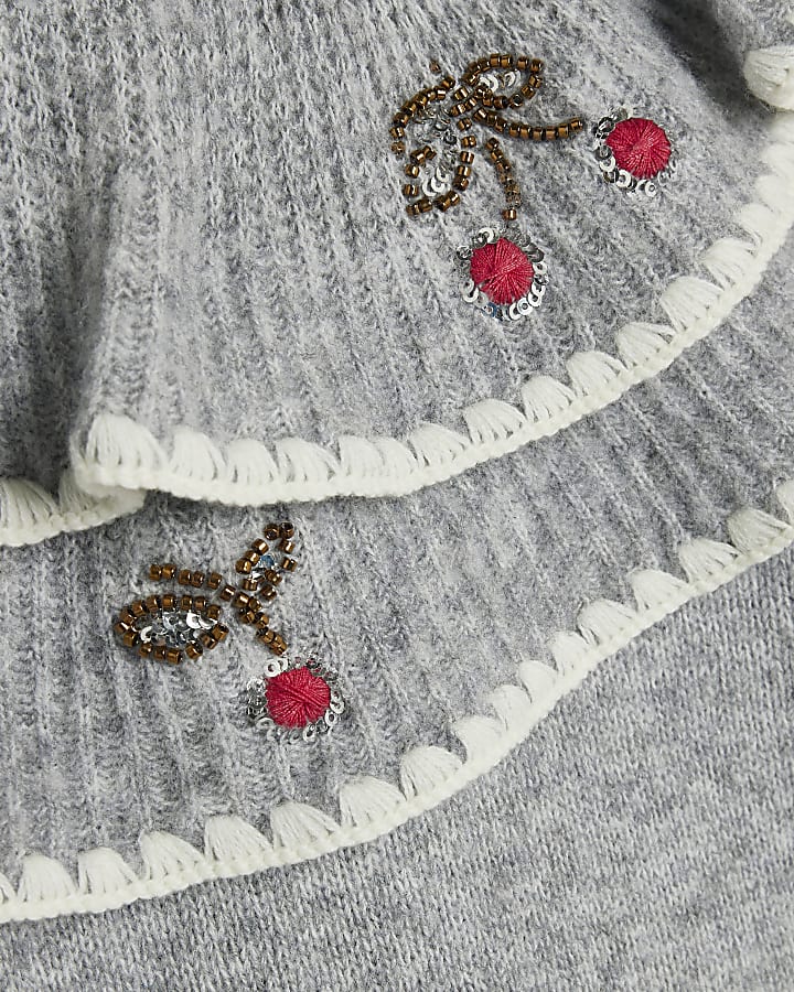 Girls Grey Frill Sequin Jumper