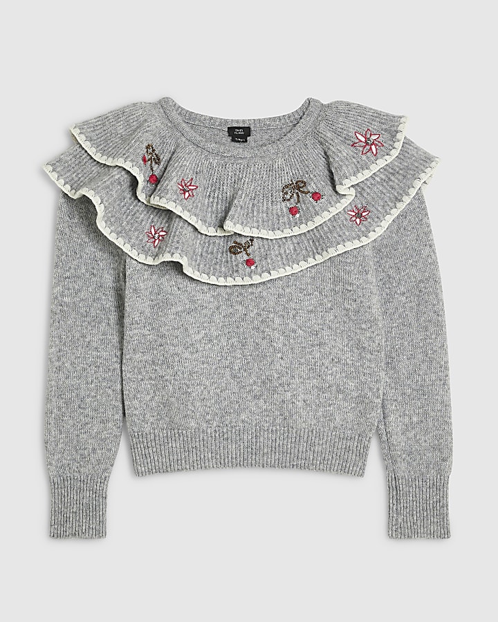 Girls Grey Frill Sequin Jumper