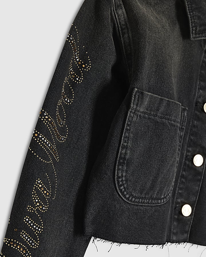 Girls Black Embellished Iconic Vibes Jacket