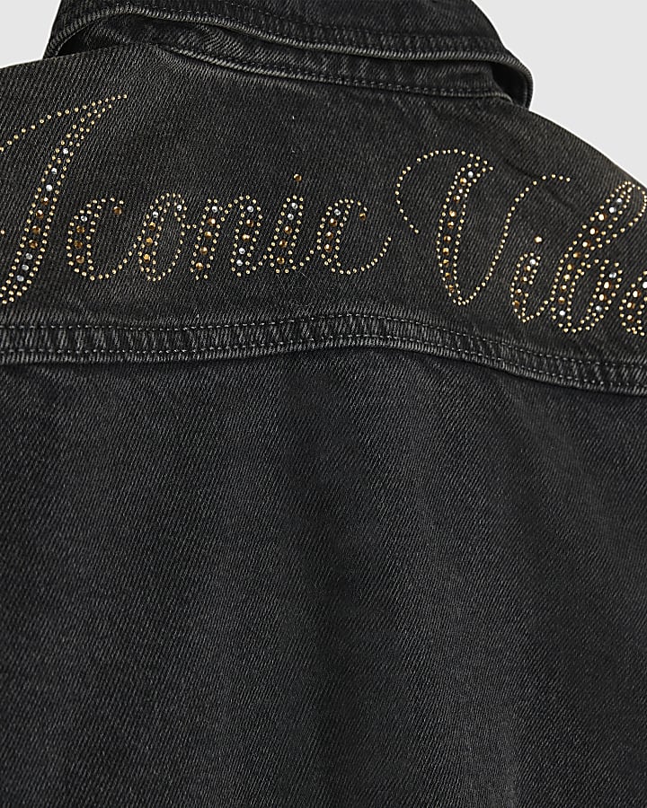 Girls Black Embellished Iconic Vibes Jacket