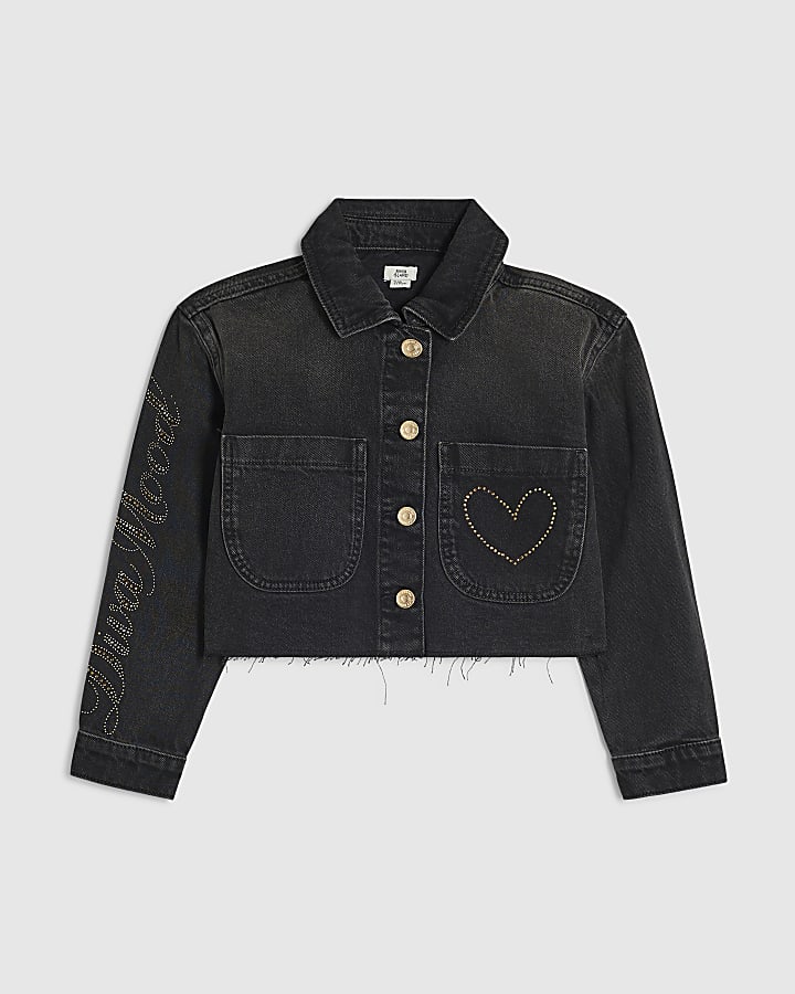 Girls Black Embellished Iconic Vibes Jacket