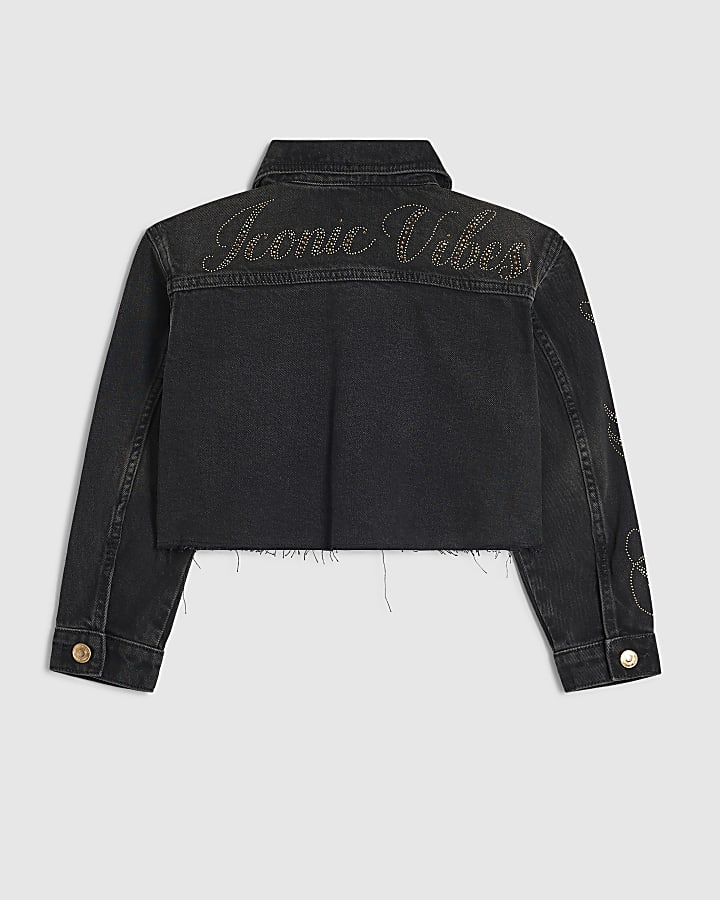 Girls Black Embellished Iconic Vibes Jacket
