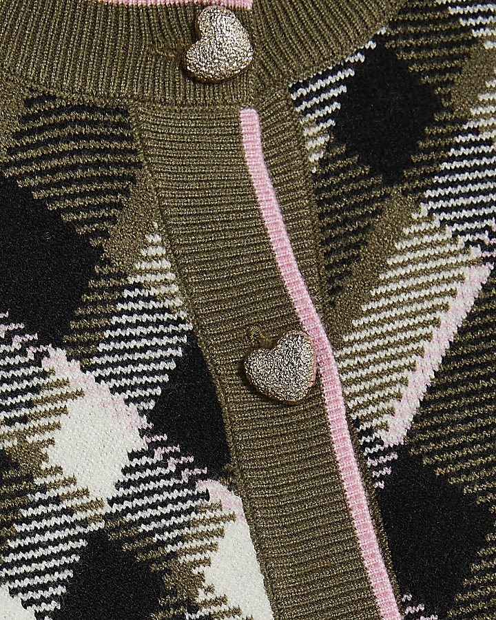 Girls Khaki Argyle Lace Cardigan