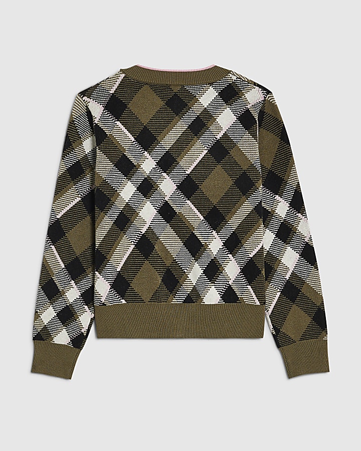 Girls Khaki Argyle Lace Cardigan