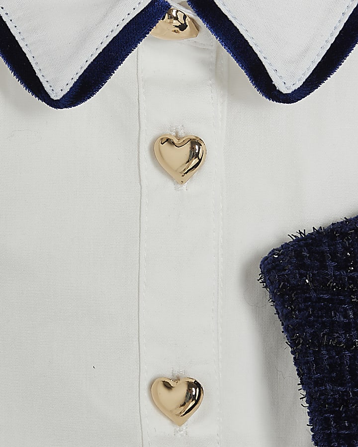 Mini Girls Navy Boucle Pinafore Shirt Dress