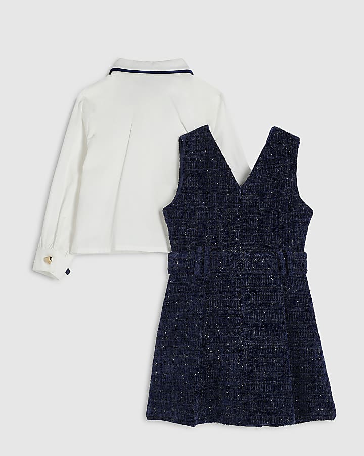 Mini Girls Navy Boucle Pinafore Shirt Dress