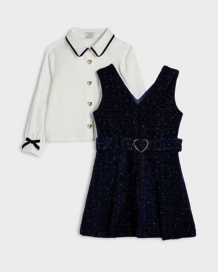 Mini Girls Navy Boucle Pinafore Shirt Dress