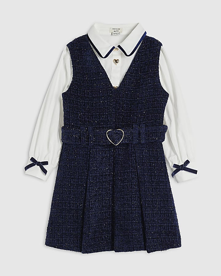 Mini Girls Navy Boucle Pinafore Shirt Dress