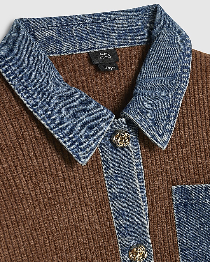 Girls Brown Denim Collar Cardigan