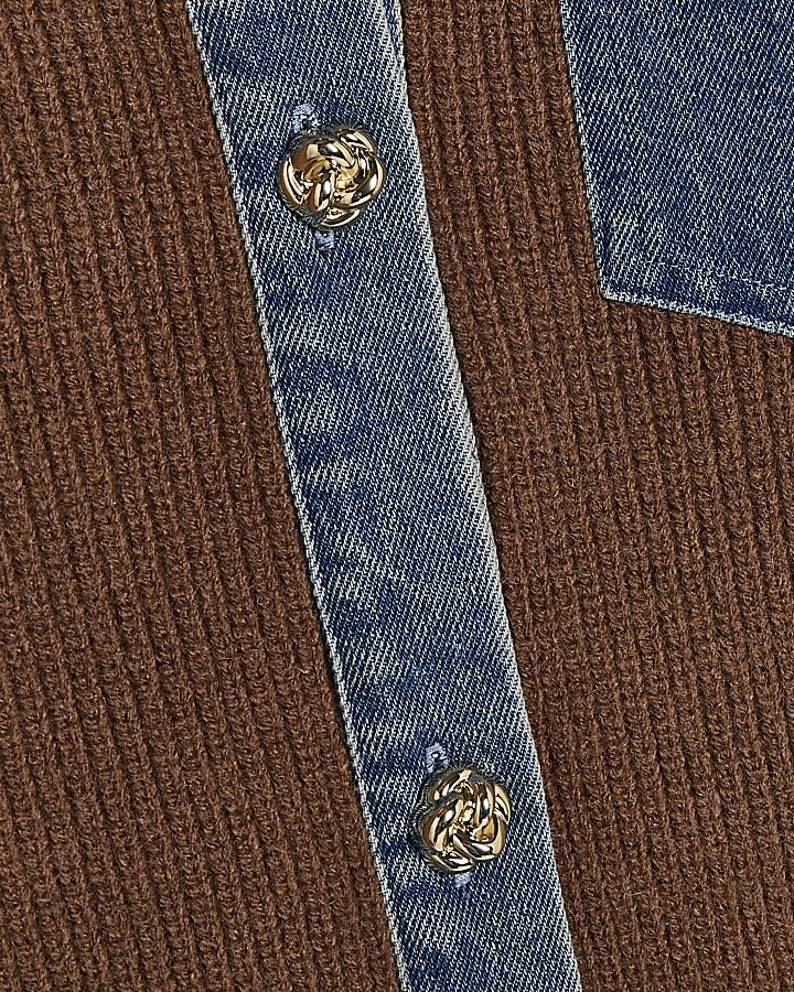Girls Brown Denim Collar Cardigan
