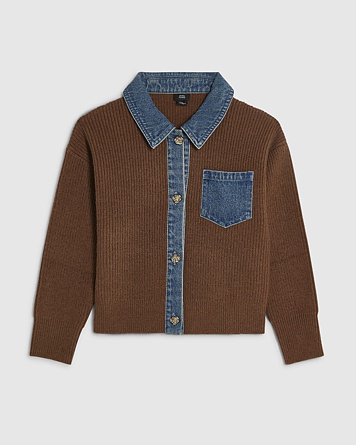 Girls Brown Denim Collar Cardigan