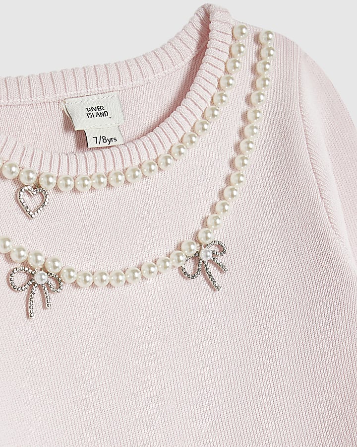 Girls Pink Knit Necklace Embellished Top