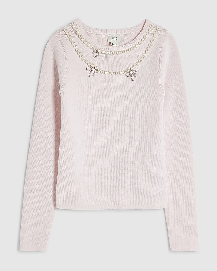 Girls Pink Knit Necklace Embellished Top