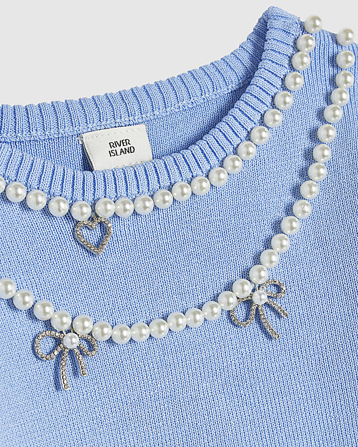 Girls Blue Knit Necklace Top