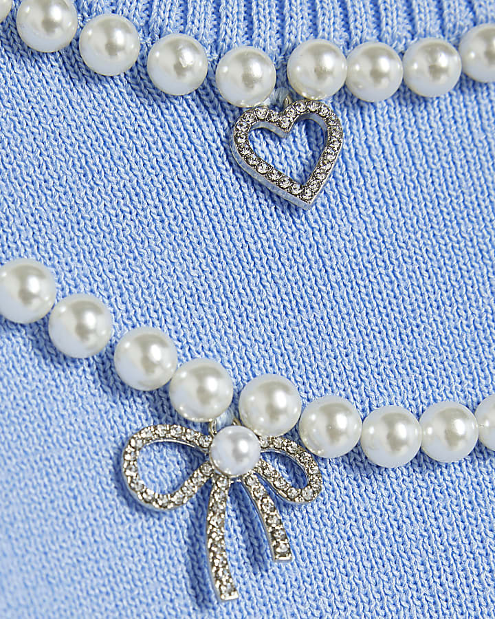 Girls Blue Knit Necklace Top