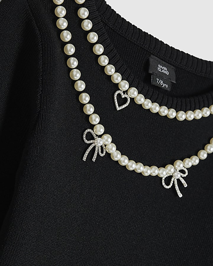 Girls Black Knit Necklace Embellished Top