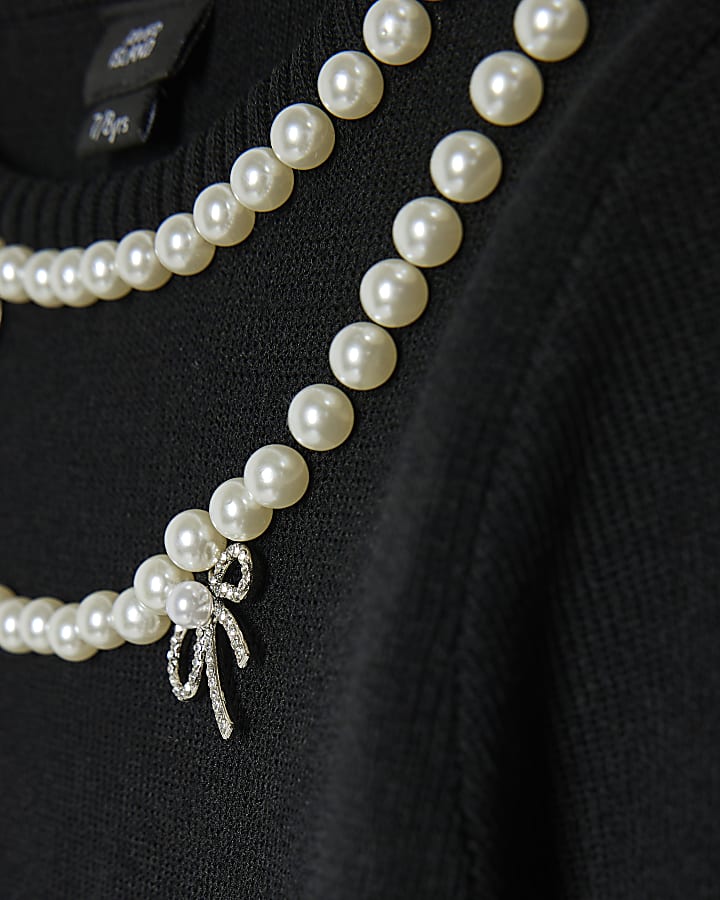Girls Black Knit Necklace Embellished Top