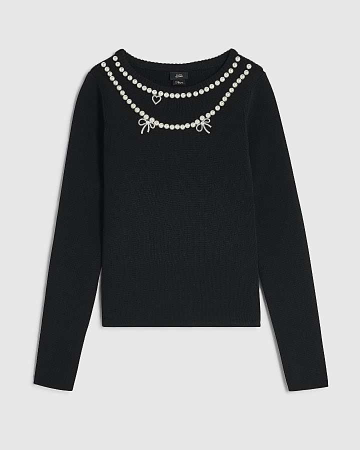 Girls Black Knit Necklace Embellished Top