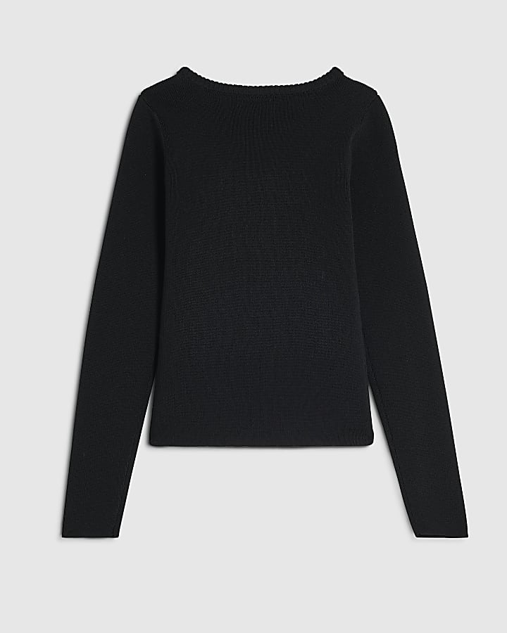 Girls Black Knit Necklace Embellished Top