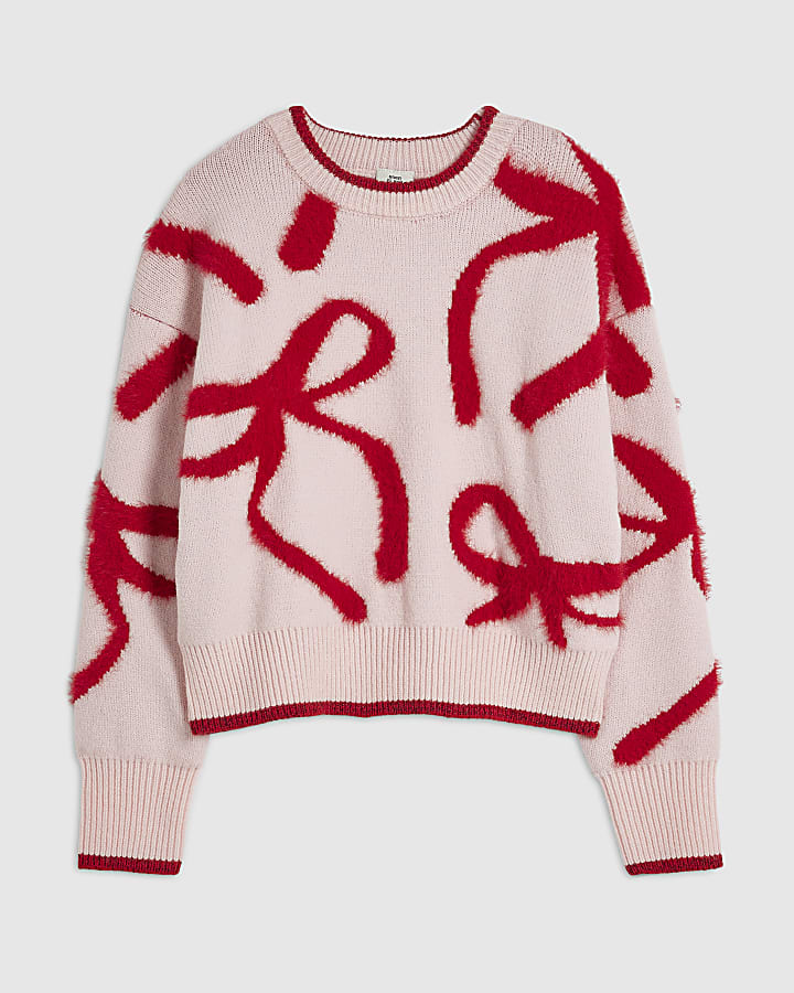 Girls Pink Fluffy Bow Jumper