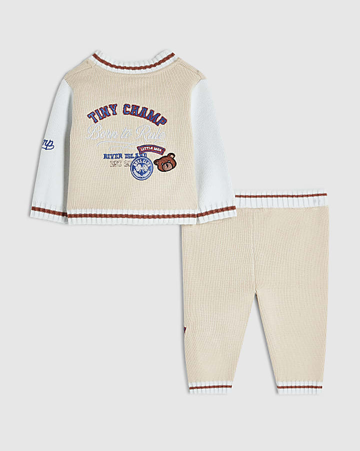 Baby Boys Beige Varsity Cardigan Set