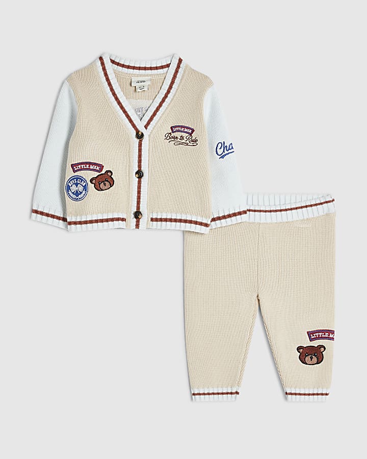 Baby Boys Beige Varsity Cardigan Set