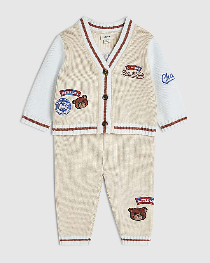 Baby Boys Beige Varsity Cardigan Set
