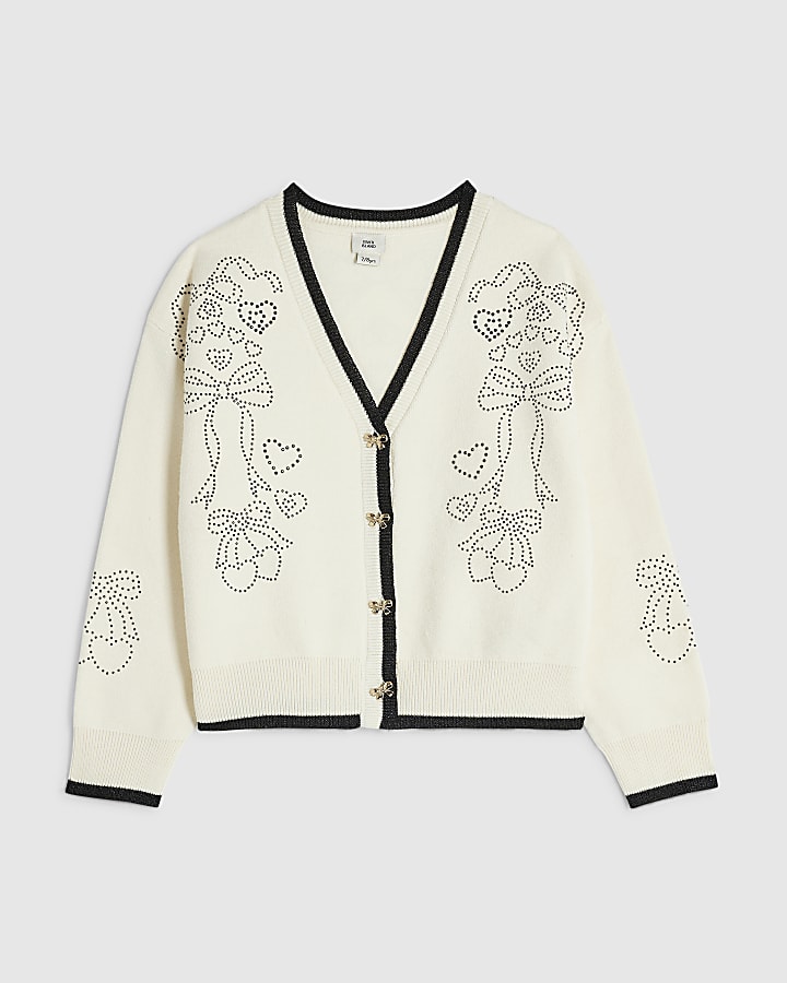 Girls Cream Diamante Bow Cardigan