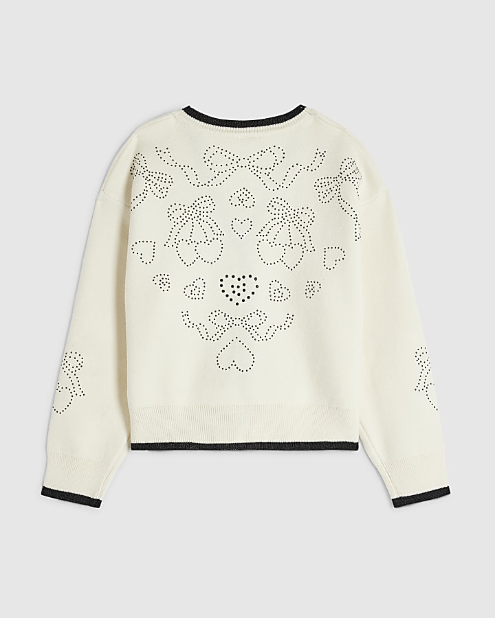 Girls Cream Diamante Bow Cardigan