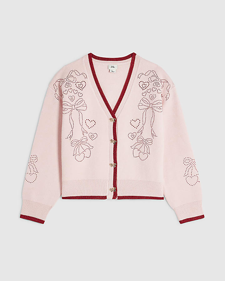 Girls Pink Diamante Bow Cardigan