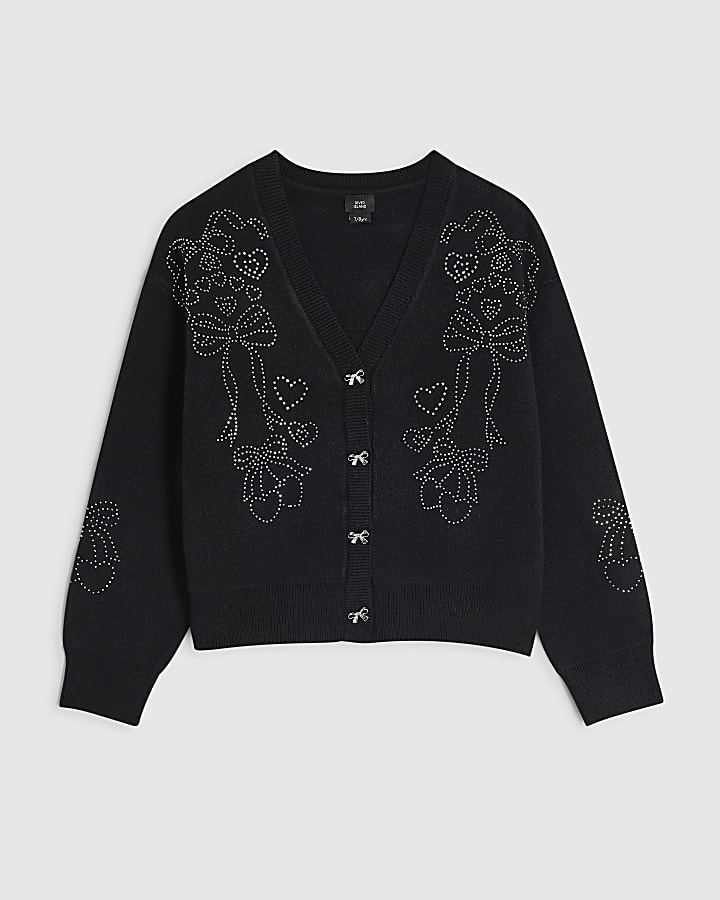 Girls Black Diamante Bow Cardigan