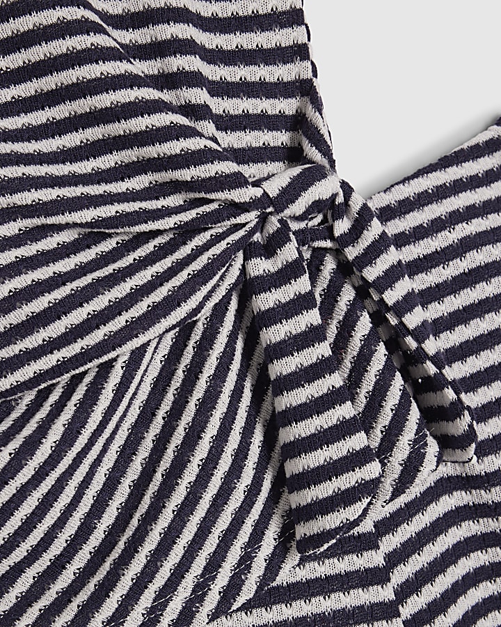 Girls Navy Short Sleeve Stripe Trousers Set