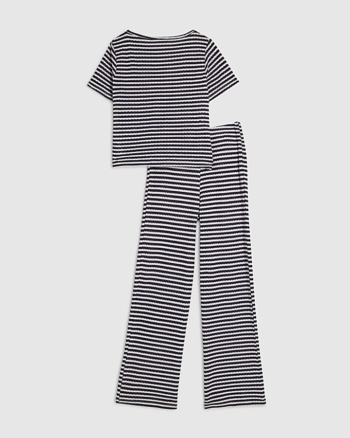 Girls Navy Short Sleeve Stripe Trousers Set