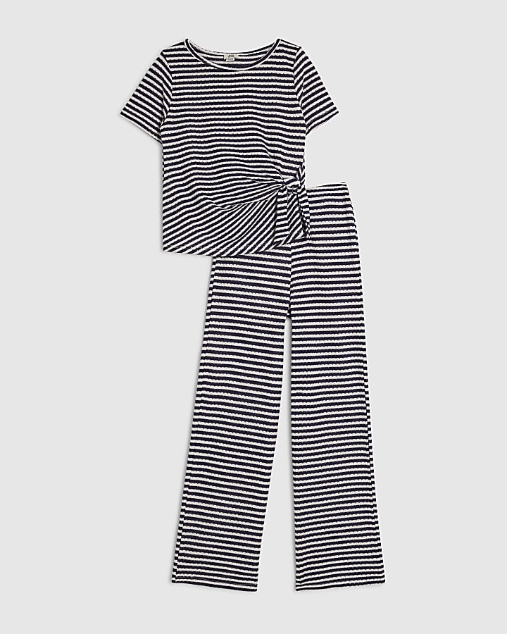 Girls Navy Short Sleeve Stripe Trousers Set