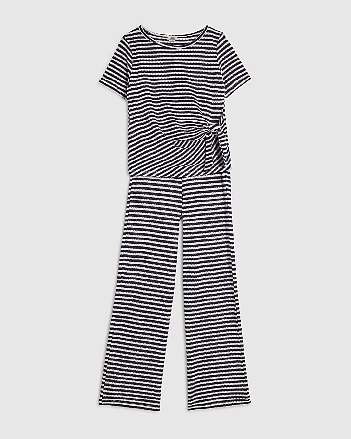 Girls Navy Short Sleeve Stripe Trousers Set