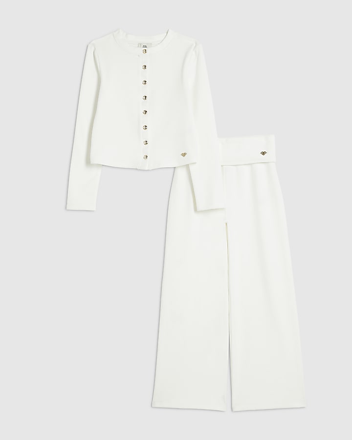 Girls Cream Button Through Top & Trouser Set