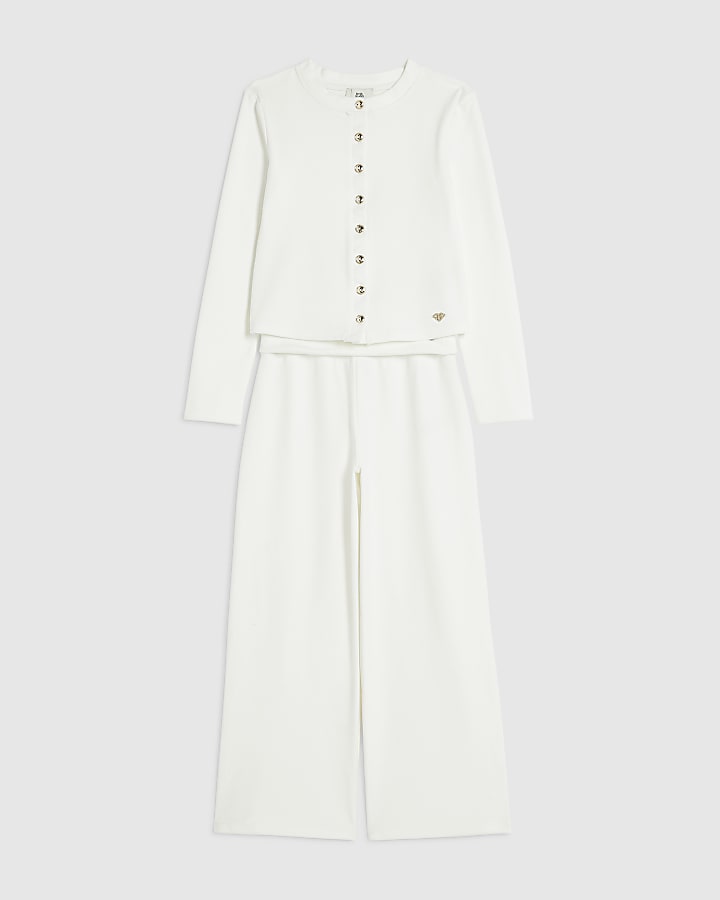 Girls Cream Button Through Top & Trouser Set
