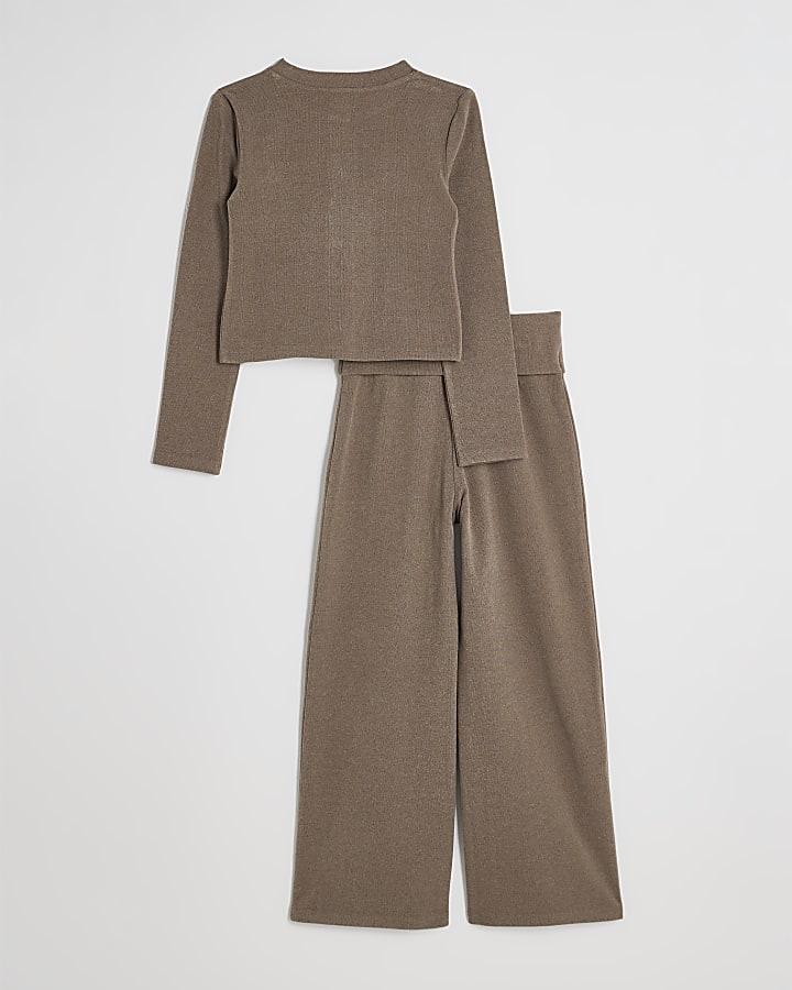 Girls Brown Button Through Top & Trouser Set