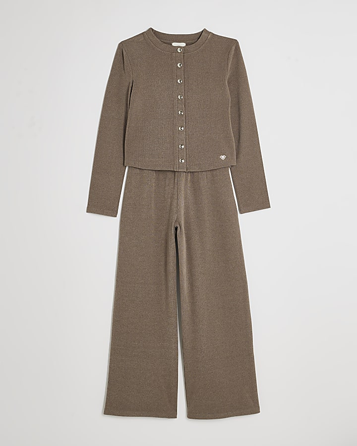 Girls Brown Button Through Top & Trouser Set
