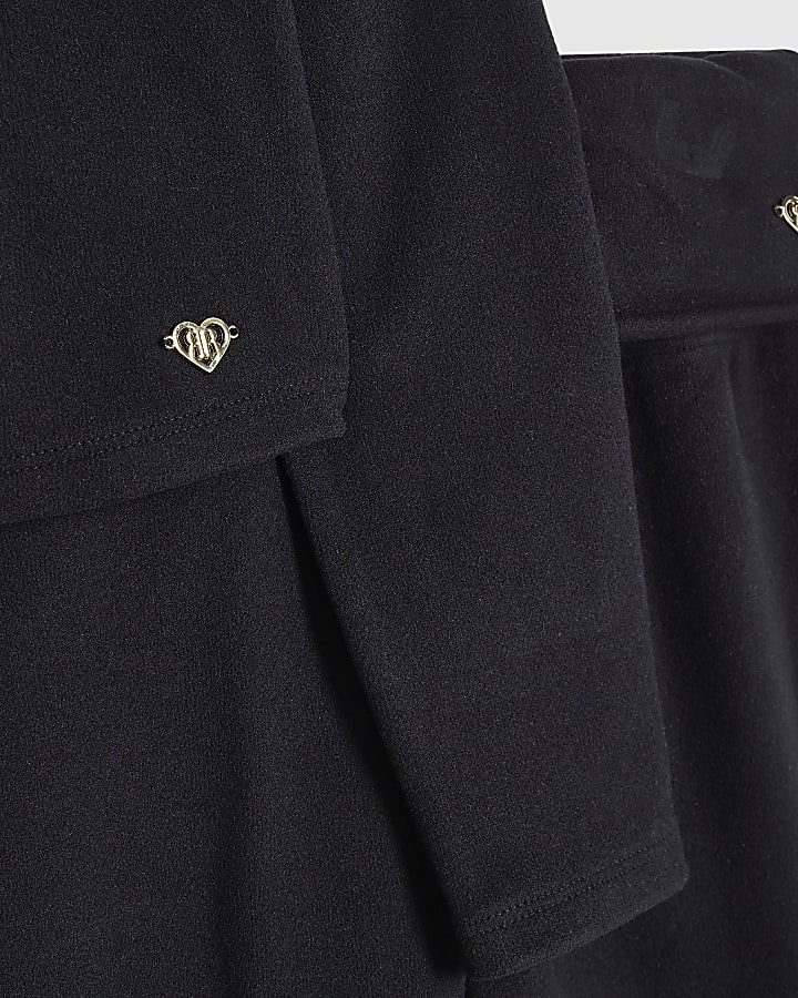 Girls Black Cosy Button Through Top Set