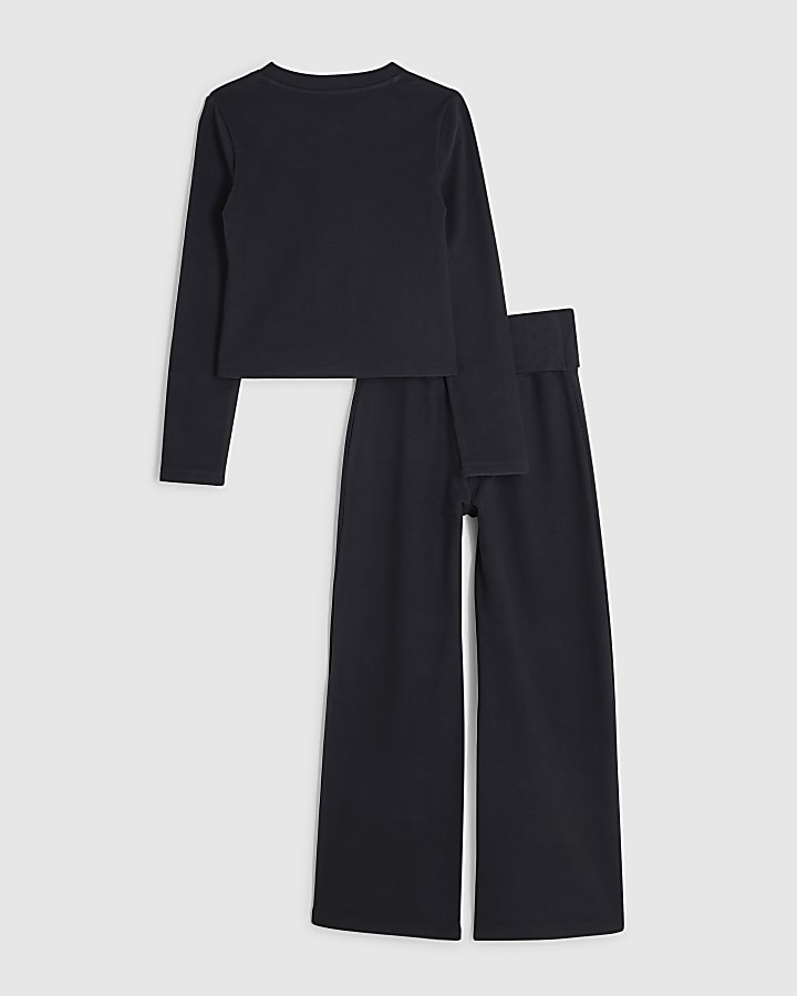 Girls Black Cosy Button Through Top Set