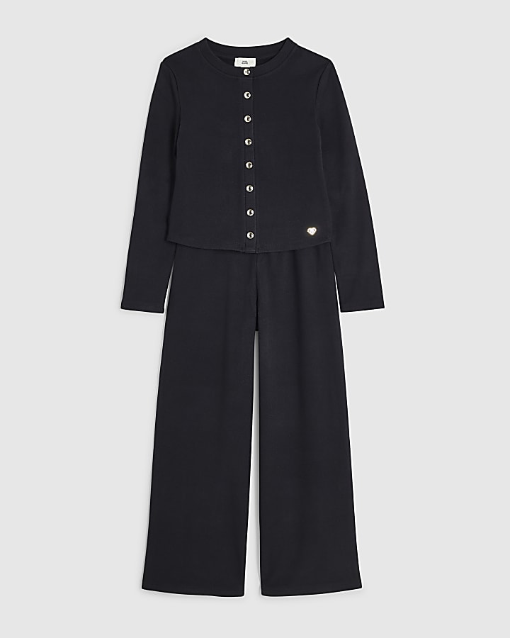 Girls Black Cosy Button Through Top Set