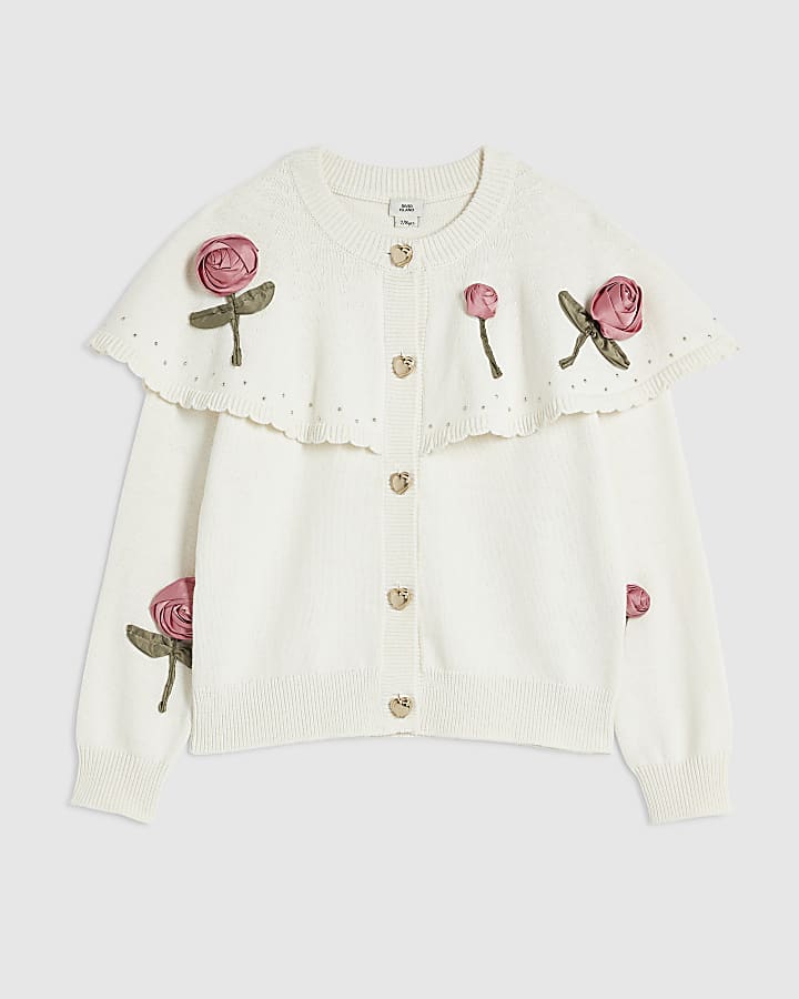 Girls Cream 3D Rose Cardigan