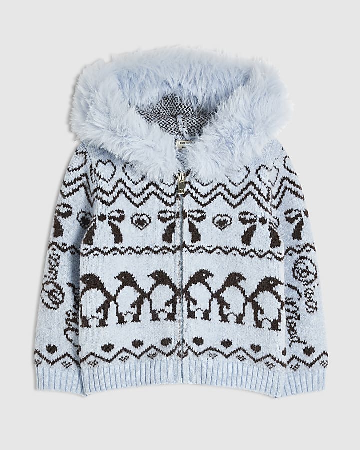 Mini Girls Blue Faux Fur Hooded Zip Cardigan