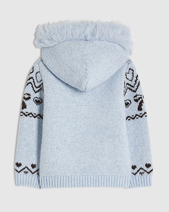 Mini Girls Blue Faux Fur Hooded Zip Cardigan
