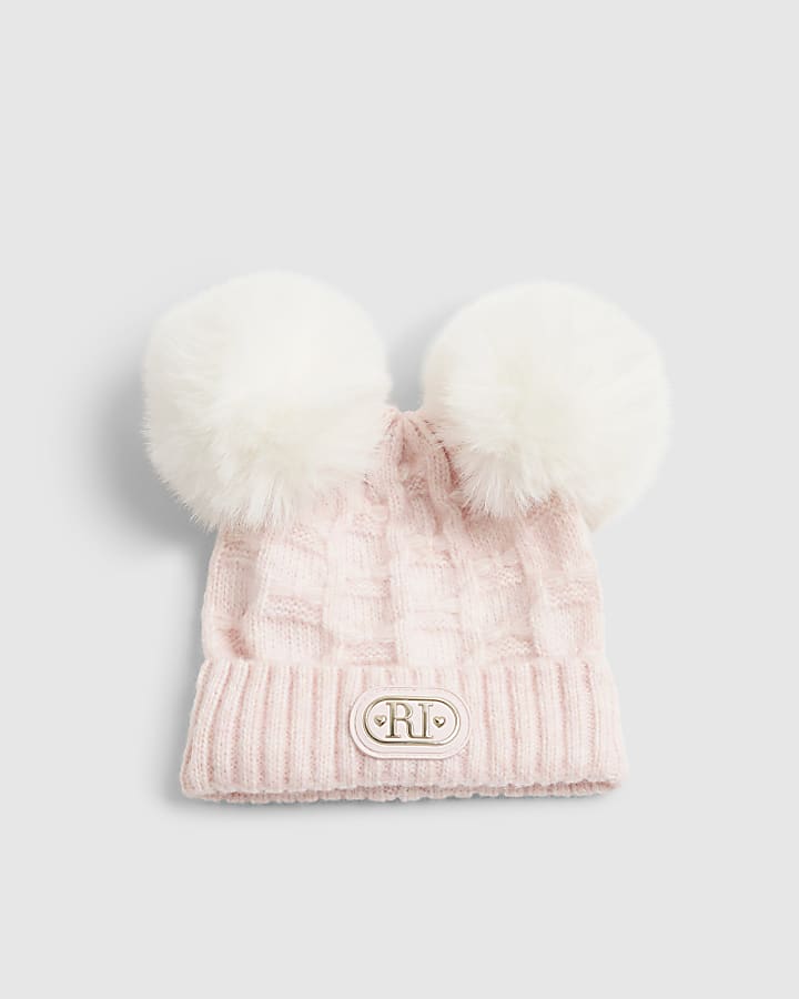 Baby Girls Pink Double Pom Beanie Hat